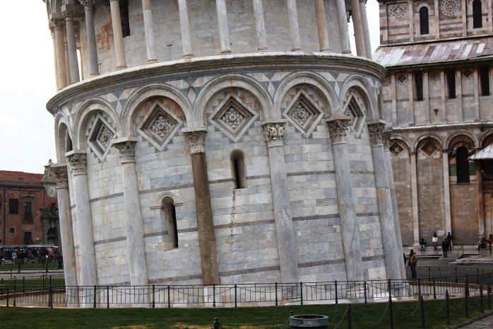 The tilted base of Leaning Tower of Pisa