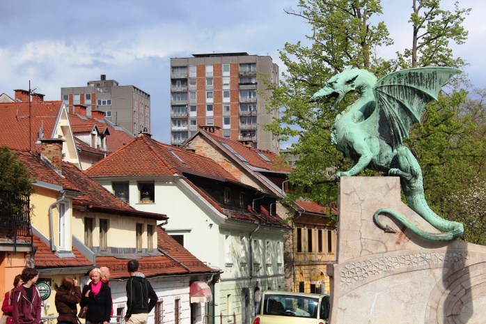 A dragon in one of the corners of Dragon Bridge in Ljubljana, Slovenia