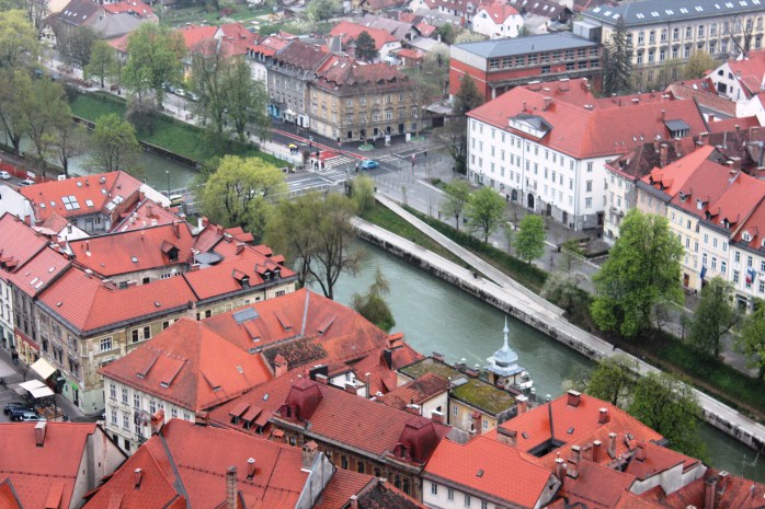 Ljubljanica river and the red roof city from Ljubljana Castle viewing tower, Slovenia