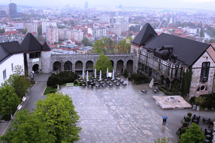 Overview of Ljubljana Castle Courtyard from the viewing tower in Slovenia