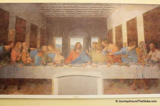 A replica of Last Supper by Leonardo da Vinci outside the Refectory, which houses the original version in Milan, Italy