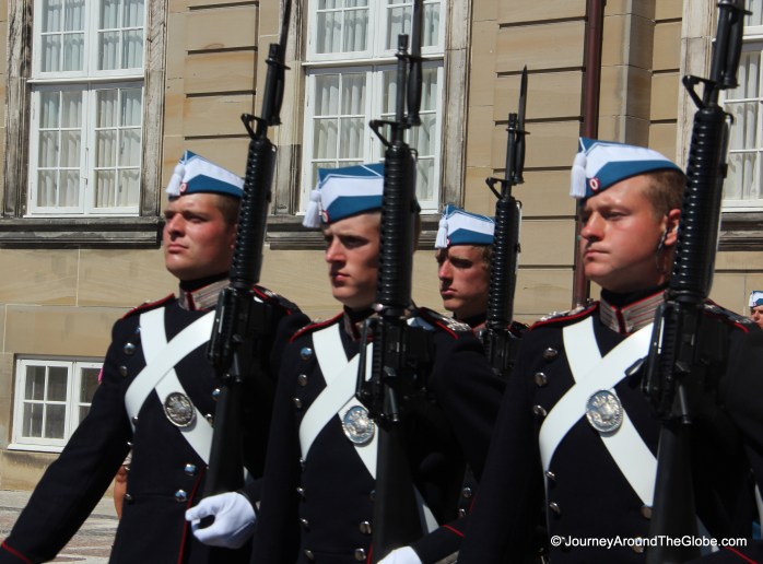 Danish Royal Guards during the ceremony of Change of Guards in front of Ameliaborg Palace, Copenhagen, Denmark
