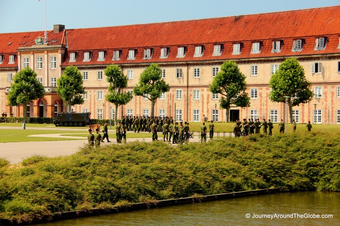 Guards inside the perimeter of Rosenborg Palace in Copenhagen, Denmark