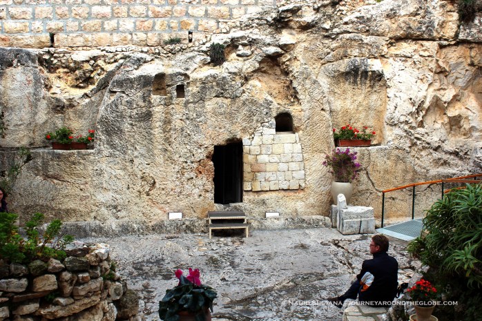 A natural cave in Garden Tomb where, according to one group of Christians, Jesus was buried and resurrected in Jerusalem