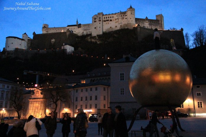 Hohensalzburg Fortress on the hill from Capitalplatz