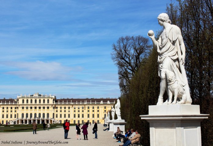 Back of Schoenbrunn Palace and its garden in Vienna, Austria