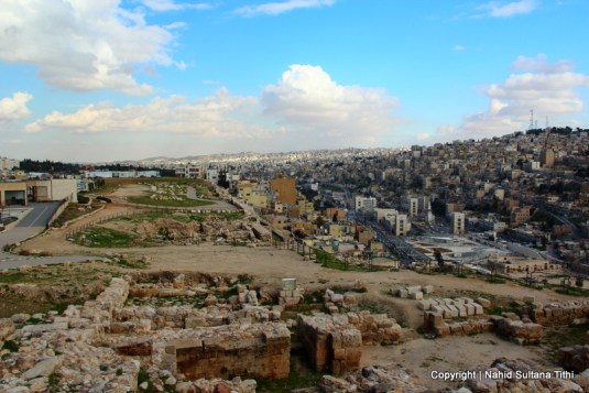 Ruins in Citadel and view of the city from the top in Amman, Jordan