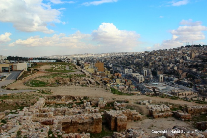 Ruins in Citadel and view of the city from the top in Amman, Jordan