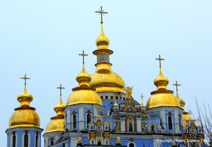 Golden domes and stipples of St. Michael Church in Kiev, Ukraine