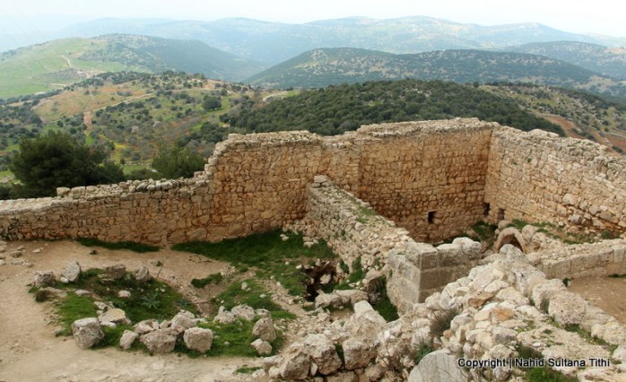From the terrace of Ajloun Castle, looking over some ruins and the city
