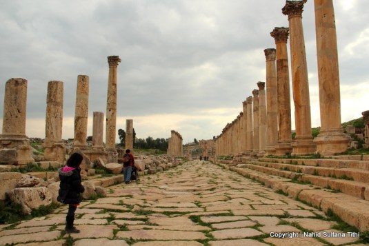 The Colonnaded or the main street of Roman city in Jarash, Jordan...decorated with many columns