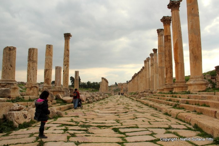 The Colonnaded or the main street of Roman city in Jarash, Jordan...decorated with many columns