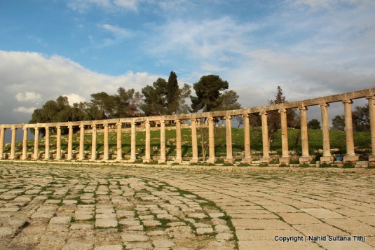 The column fence of Oval Plaza in Roman city, Jarash