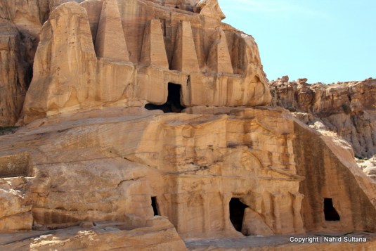 A rock-cut funerary complex "Obelisk Tower" before entering Siq in Petra, Jordan