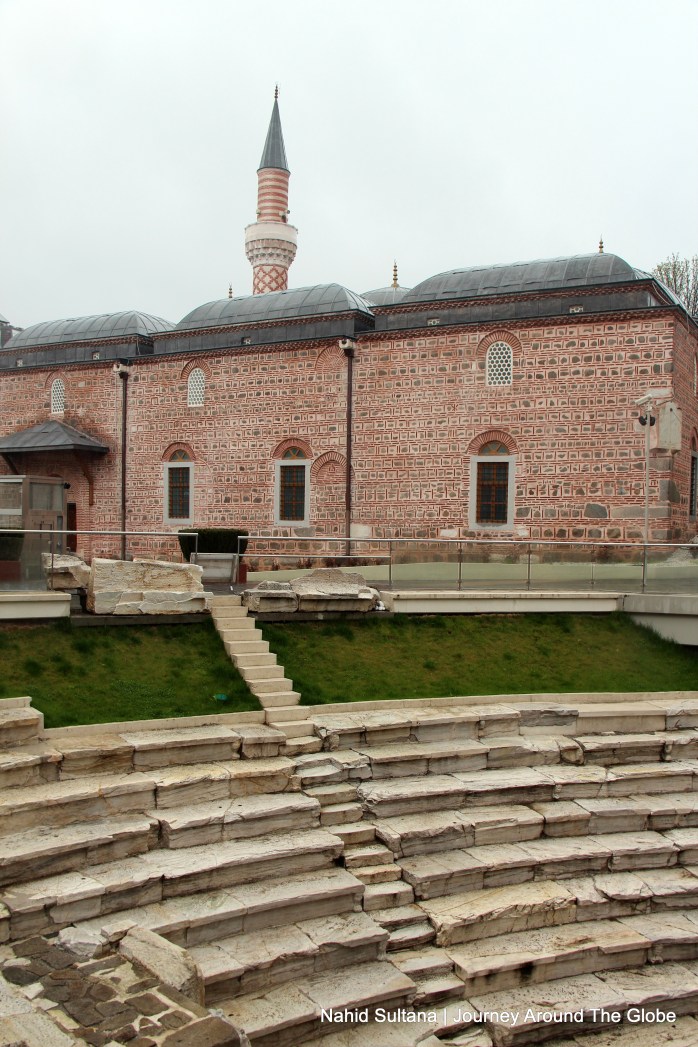 Underground ancient stadium of Philippopolis and Djoumaya Mosque in the back in Plovdiv, Bulgaria