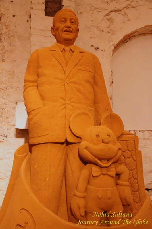 Sand Sculpture of Mr. Walt Disney and Mickey Mouse in Disney's Sand Magic in Dinant Citadel, Belgium