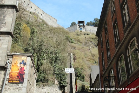 The steps of Dinant Citadel from the 16th century (on the left) and cable car on the top