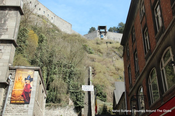 The steps of Dinant Citadel from the 16th century (on the left) and cable car on the top