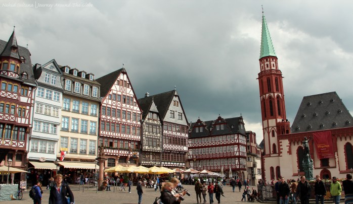 Buildings of Romerberg and Alte Nikolaikirche (on the right) in Frankfurt, Germany
