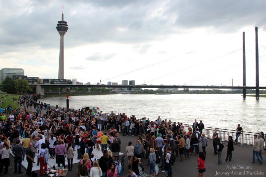 Rhine Tower and Promenade by River Rhine in Dusseldorf, Germany
