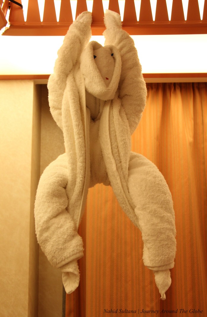 Towel folding Monkey in our cabin