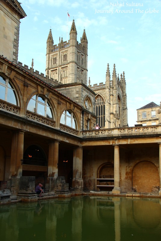 View of Bath Abbey from Roman Baths in Bath, England