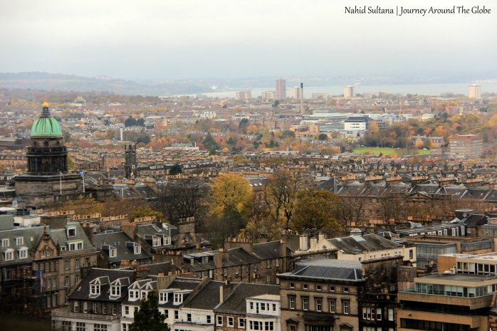 Panoramic view of the city and Nor Loch from Edinburgh Castle