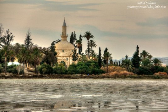 Hala Sultan Tekke Mosque and Salt Lake in the front in Larnaca, Cyprus