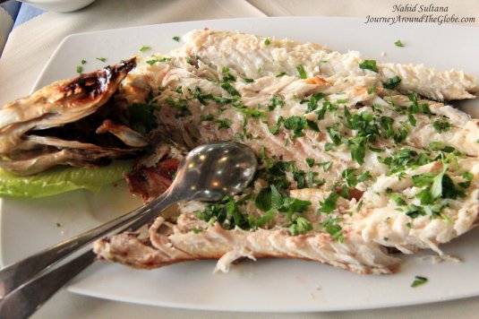 Grilled sea-bass, our last portion of lunch by Paphos Harbor 