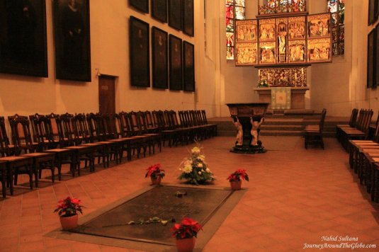 Bach's grave inside St. Thomas Church in Leipzig, Germany