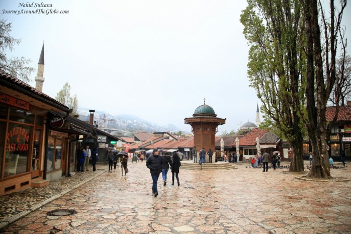Heart of old Sarajevo and Sebilj (public fountain) in the middle