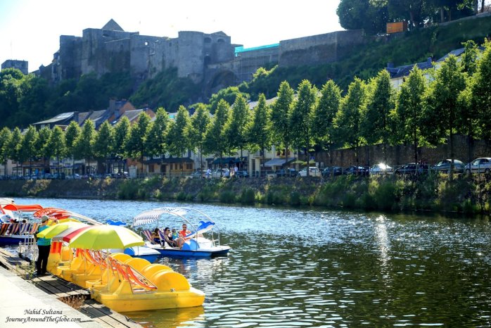 Walking towards to rent a paddle boat, can see Godfrey's Castle on the hill...in Bouillon, Belgium
