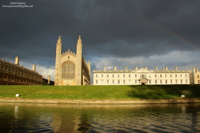 A portion of University of Cambridge - King's College while punting on River Cam in England