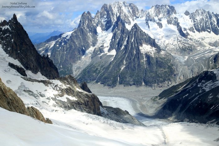 Glacier, valley, peaks of Mont Blanc massif