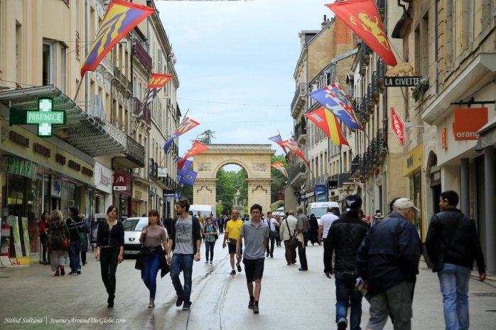 Rue de la Liberte and La Porte Guillaume in old town of Dijon, France