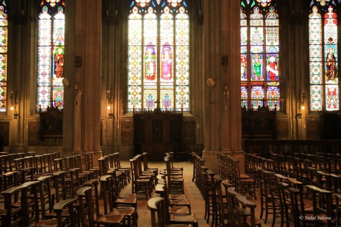 Inside La Basilique St. Epure represents 2300 sq. meters of stained-glass windows...a place that has "more glass than walls"