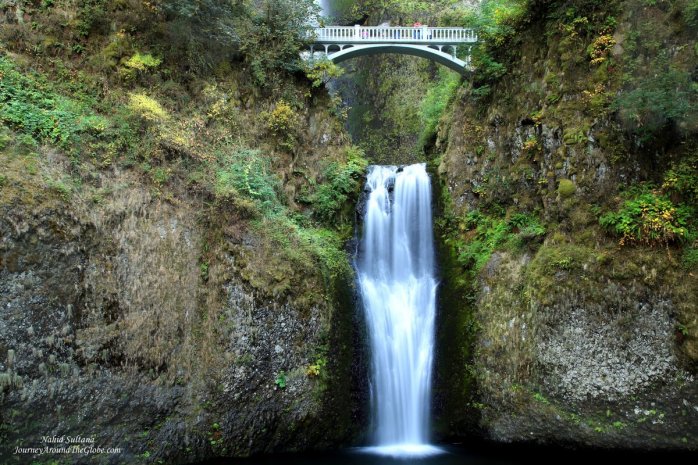 Lower Multnomah Falls and historic Benson Bridge in Oregon