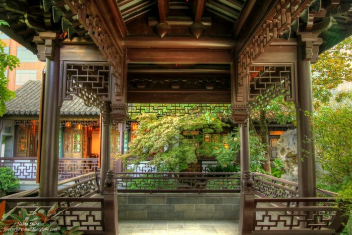 Traditional architectures in Lan Su Chinese Garden in Portland, Oregon