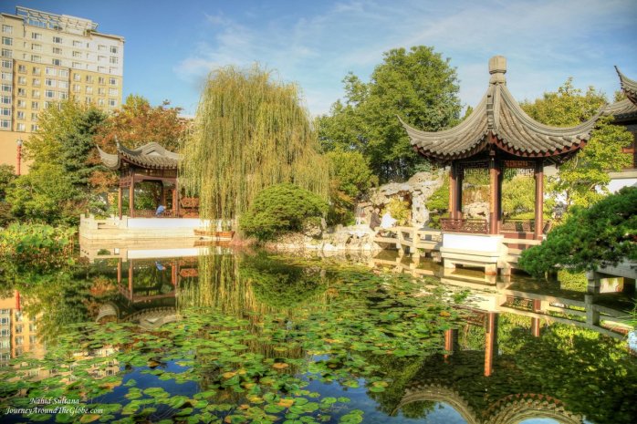 Beautiful landscape of Lan Su Chinese Garden in the heart of Portland, Oregon