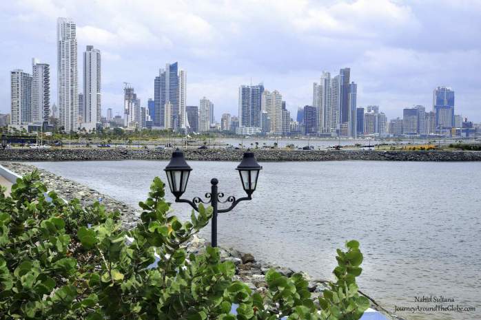 Looking at modern Panama City from the historic Casco Viejo in Panama